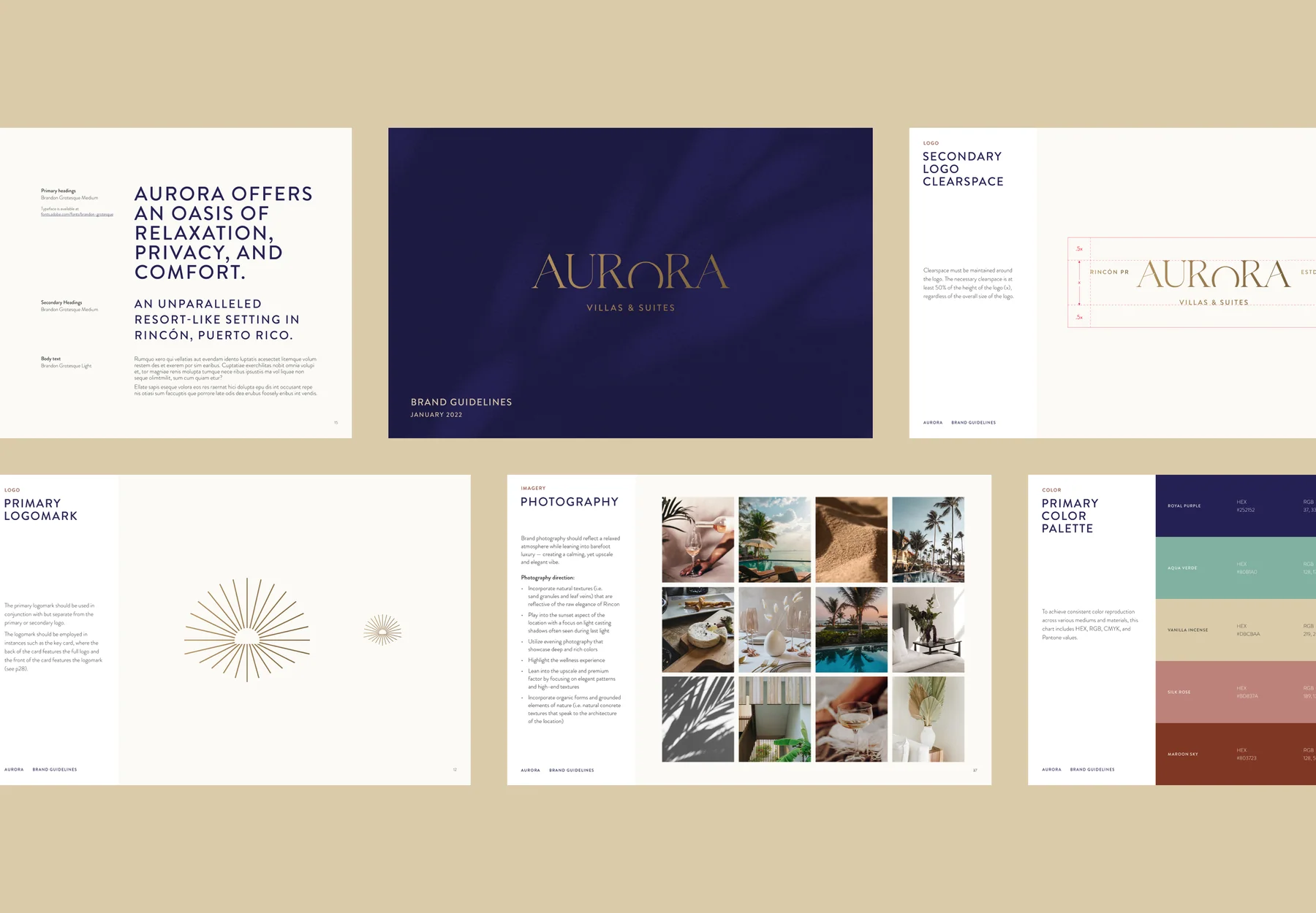 Aurora brand guidelines showing the wordmark, sun motif, palette, and photography directio